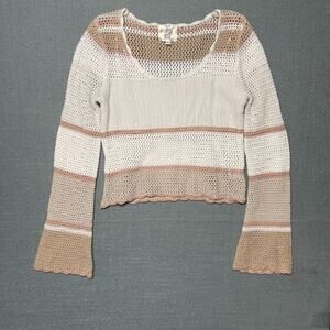 Hippie Rose Cropped Crochet Scallop Bell Sleeve Sweater M Boho Y2K Cottagecore